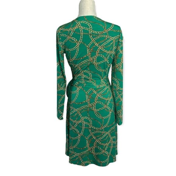 C. Wonder Chain Print Ultra Marine Green Long Sleeve Self Tie Wrap Dress Size S - Picture 5 of 7